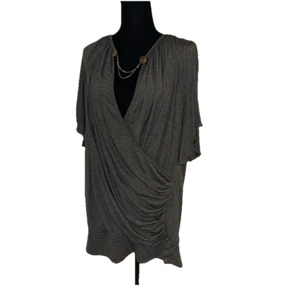 Rosegal Plus Size 3X Gray Chain Embellished Ruched Blouson Wrap Tunic Top ~ NWI